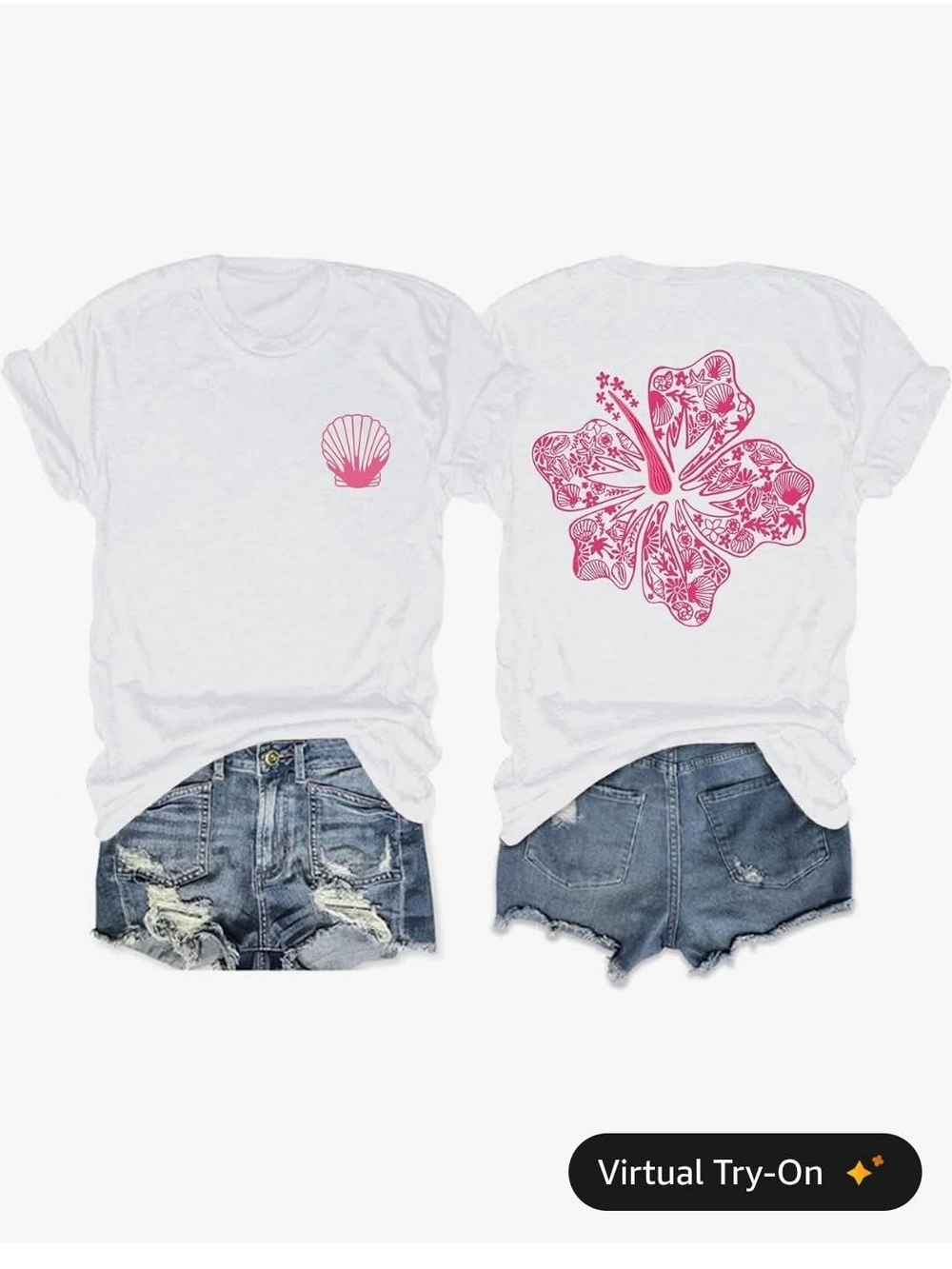 Womans White T-Shirt with Pink Floral Hibiscus & Shell Graphic